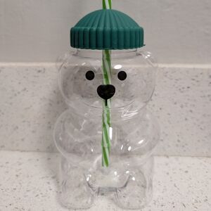 Bear-Shaped Clear Drink Bottle with Teal Lid and Green-White Straw
